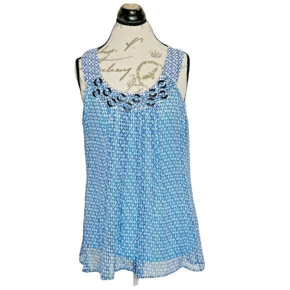 Zac Rachel Sleeveless Sheer Overlay Blouse Size Large Blue Pleated Dressy Flowy - Picture 1 of 12